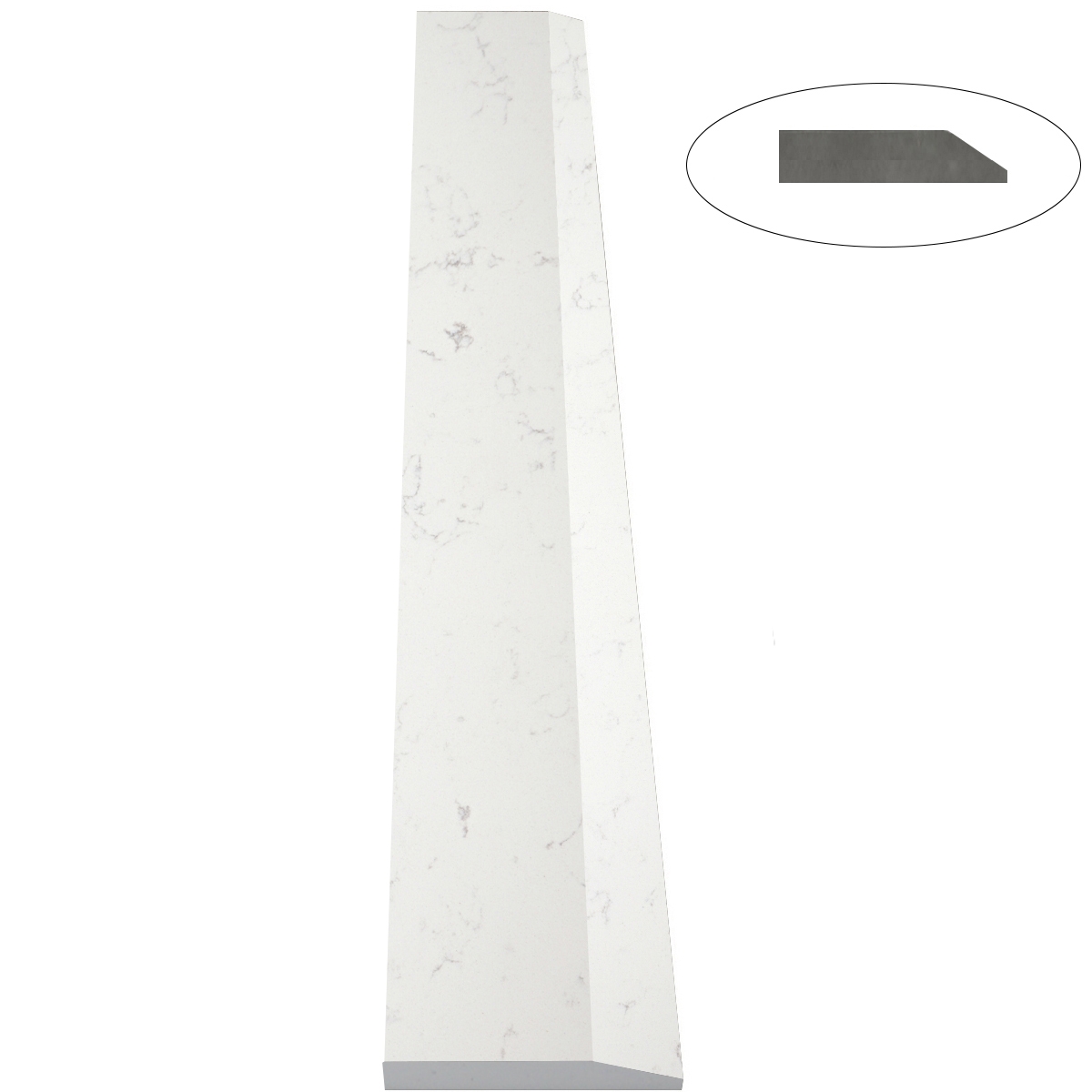 Close-up view of 4 x 32 Saddle Threshold Hollywood Bianco Carrara Stone shows the top surface finish, slope edge on one long side and eased edge bevel on the other long side